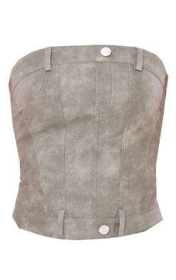 Charcoal Washed Faux Leather Jean Detail Corset Bandeau
