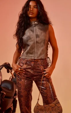 Charcoal Washed Faux Leather Lace Up High Neck Zip Top