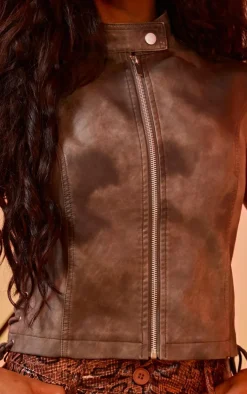 Charcoal Washed Faux Leather Lace Up High Neck Zip Top