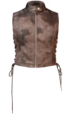 Charcoal Washed Faux Leather Lace Up High Neck Zip Top