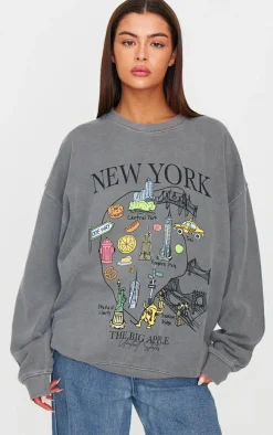 Charcoal Washed New York Map Printed Sweatshirt