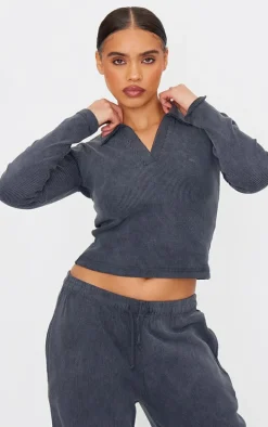 Charcoal Washed Ribbed V Neck Fitted Long Sleeve Top