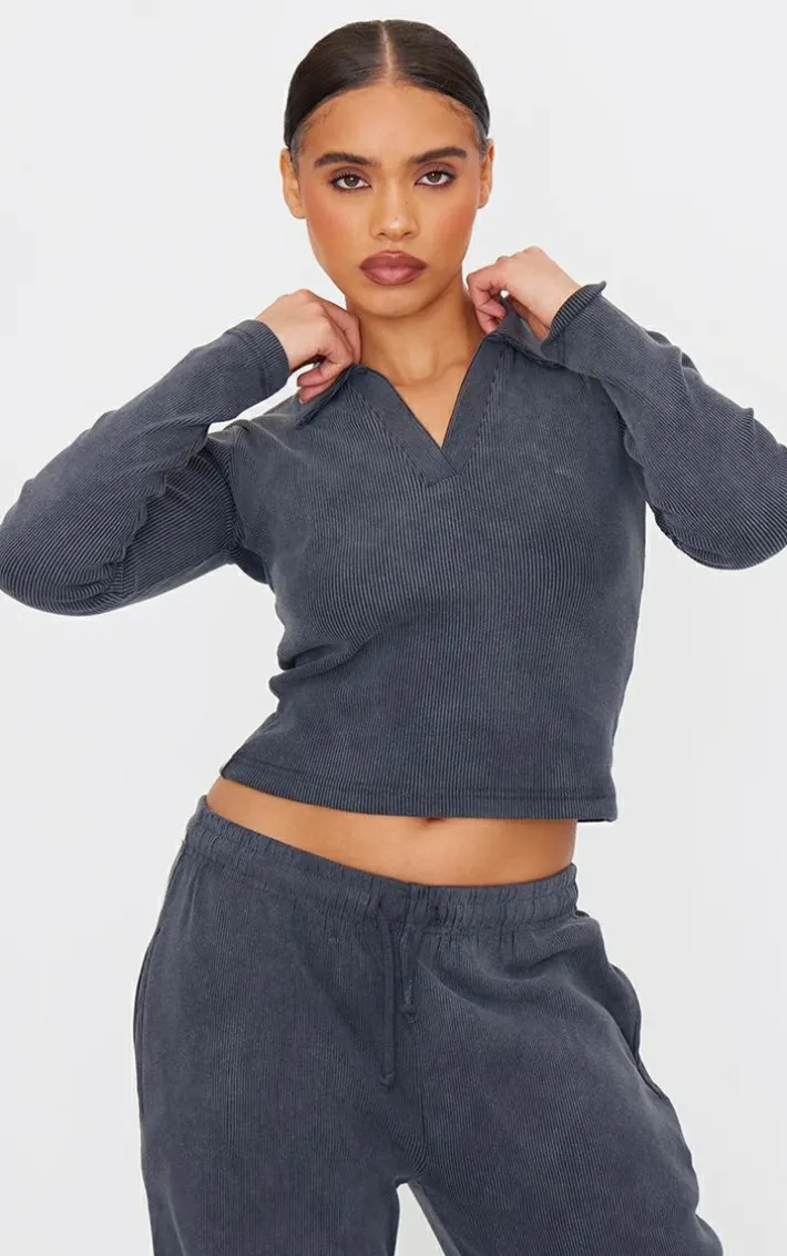 Charcoal Washed Ribbed V Neck Fitted Long Sleeve Top