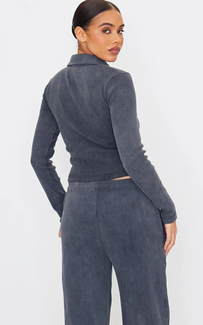 Charcoal Washed Ribbed V Neck Fitted Long Sleeve Top