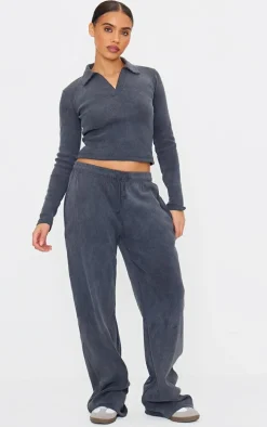 Charcoal Washed Ribbed V Neck Fitted Long Sleeve Top