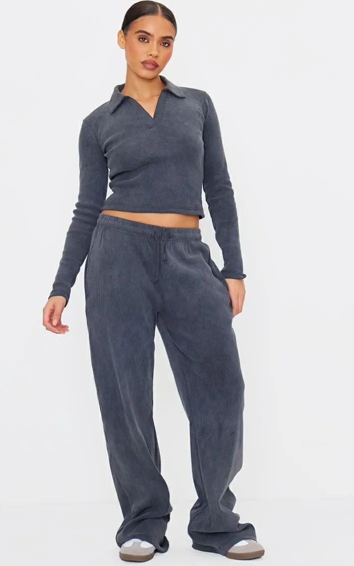 Charcoal Washed Ribbed V Neck Fitted Long Sleeve Top