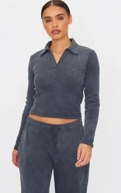 Charcoal Washed Ribbed V Neck Fitted Long Sleeve Top