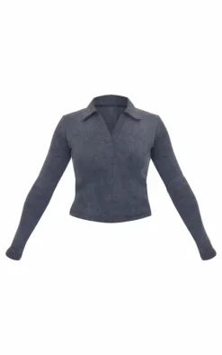 Charcoal Washed Ribbed V Neck Fitted Long Sleeve Top