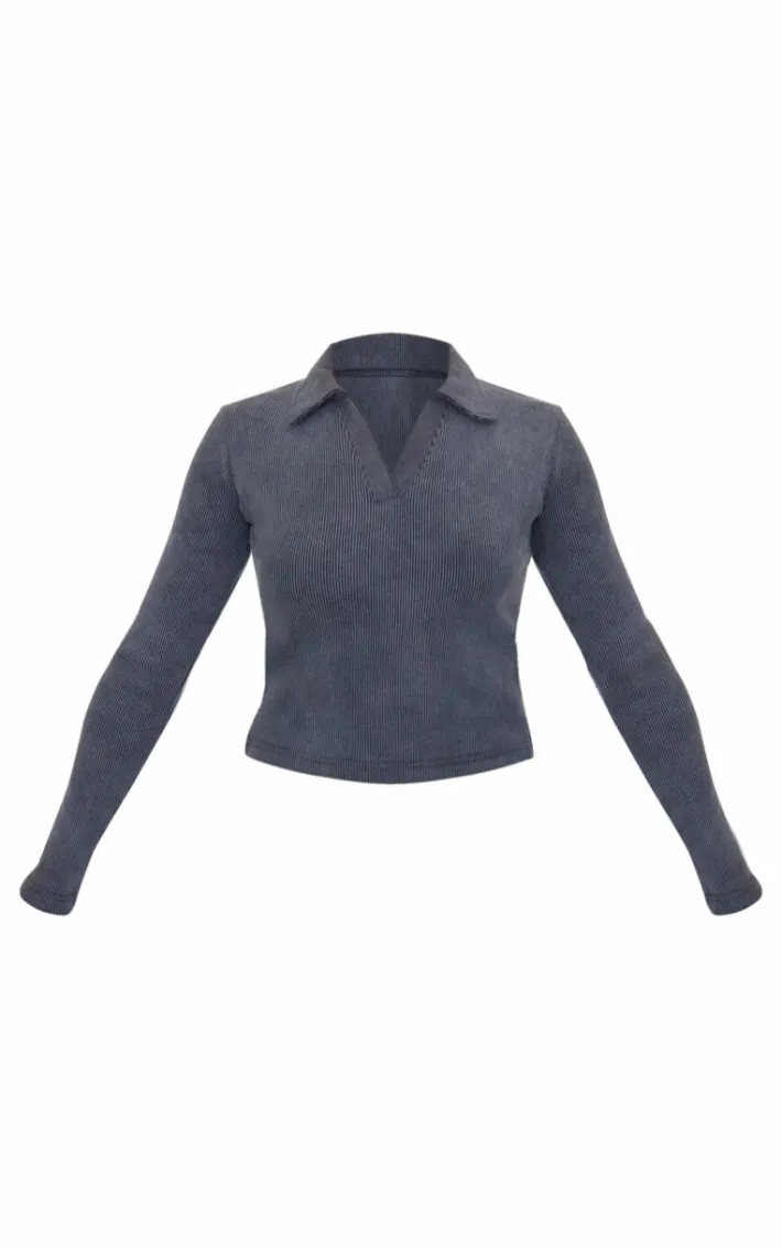 Charcoal Washed Ribbed V Neck Fitted Long Sleeve Top
