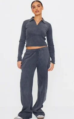 Charcoal Washed Ribbed Wide Leg Pants
