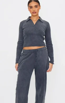 Charcoal Washed Ribbed Wide Leg Pants