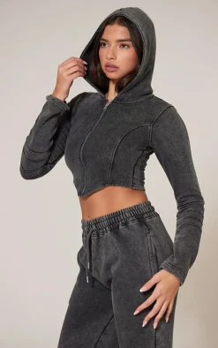 Charcoal Washed Seam Detail Zip Up Corset Hoodie