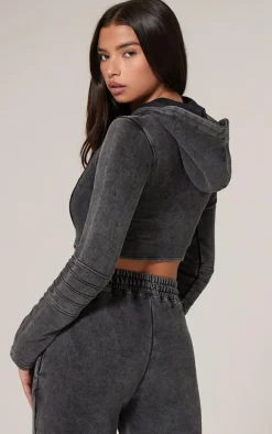 Charcoal Washed Seam Detail Zip Up Corset Hoodie
