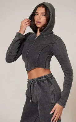 Charcoal Washed Seam Detail Zip Up Corset Hoodie