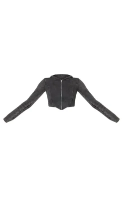 Charcoal Washed Seam Detail Zip Up Corset Hoodie