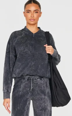 Charcoal Washed Seam Detail Zip Up Bomber Style Sweatshirt