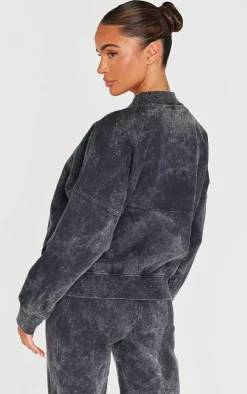 Charcoal Washed Seam Detail Zip Up Bomber Style Sweatshirt