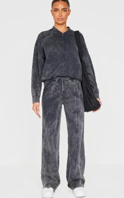 Charcoal Washed Seam Detail Zip Up Bomber Style Sweatshirt