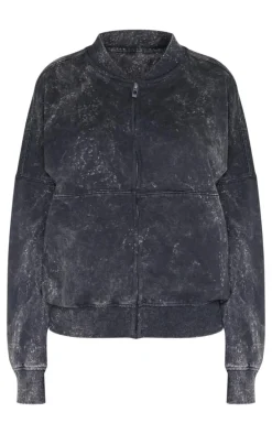 Charcoal Washed Seam Detail Zip Up Bomber Style Sweatshirt