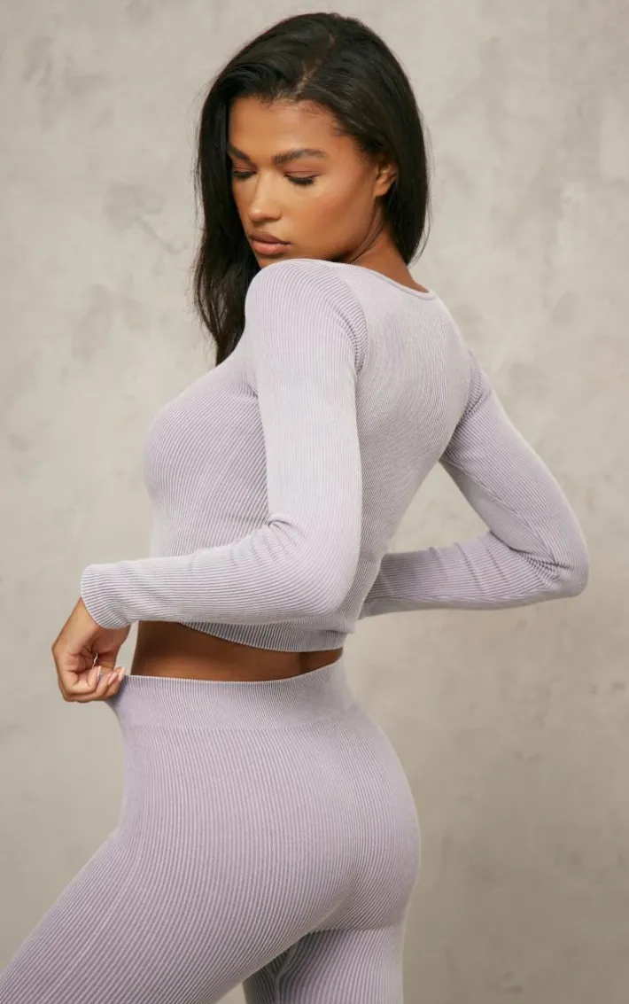 Charcoal Washed Snatched Rib Long Sleeve Top