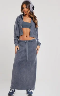 Charcoal Washed Split Hem Low Rise Maxi Skirt