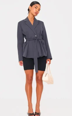Charcoal Wide Belted Waist Blazer