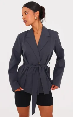 Charcoal Wide Belted Waist Blazer