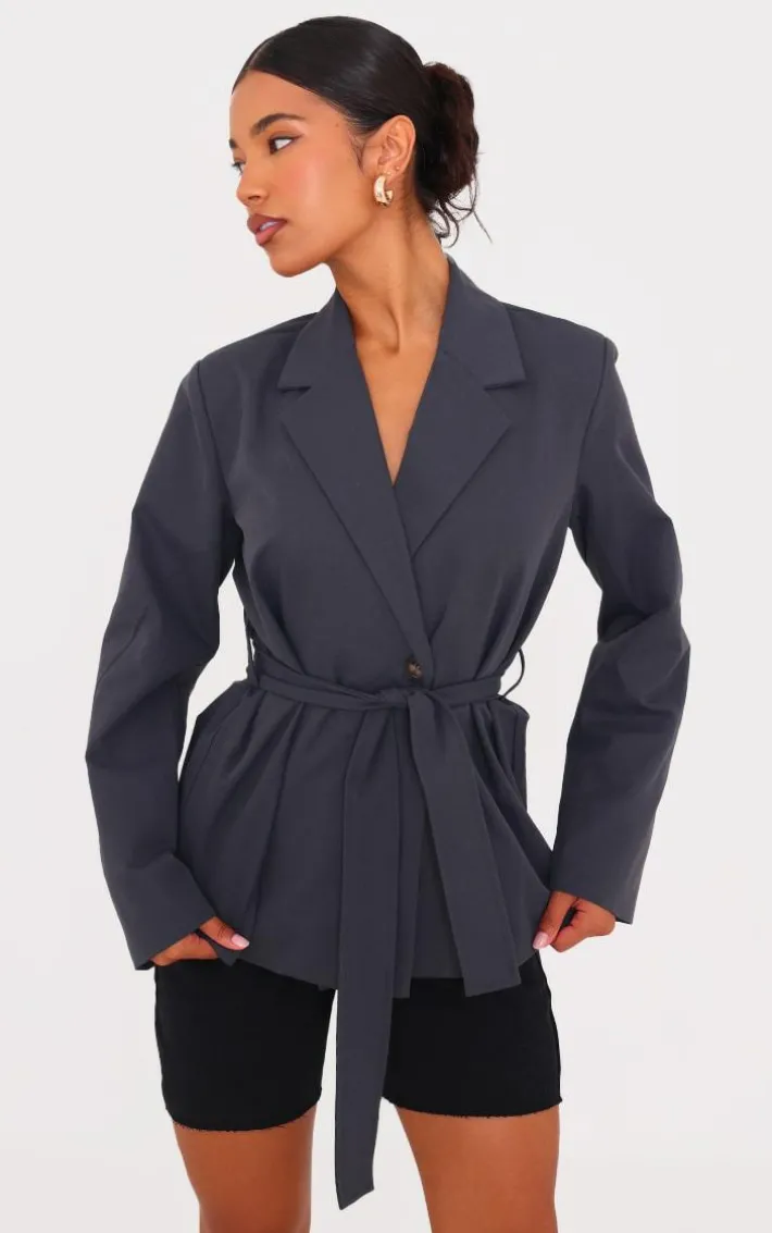 Charcoal Wide Belted Waist Blazer
