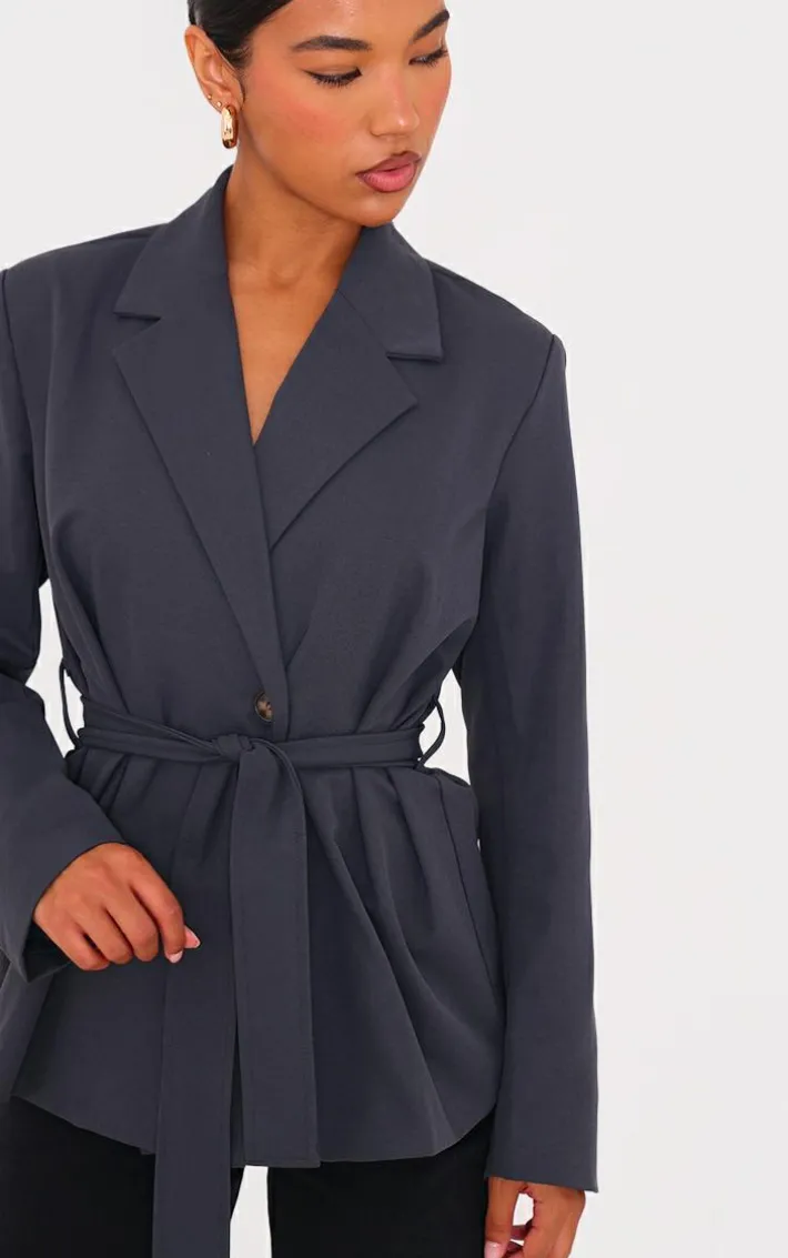 Charcoal Wide Belted Waist Blazer