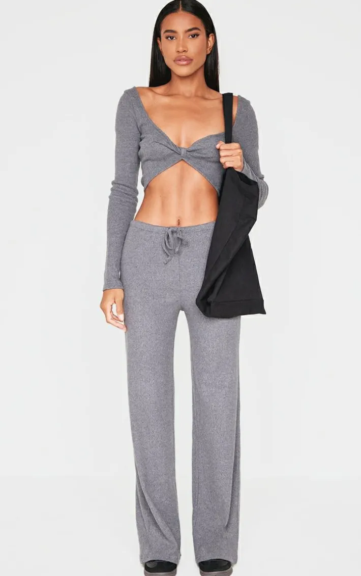 Charcoal Wide Leg Brushed Rib Drawstring Pants
