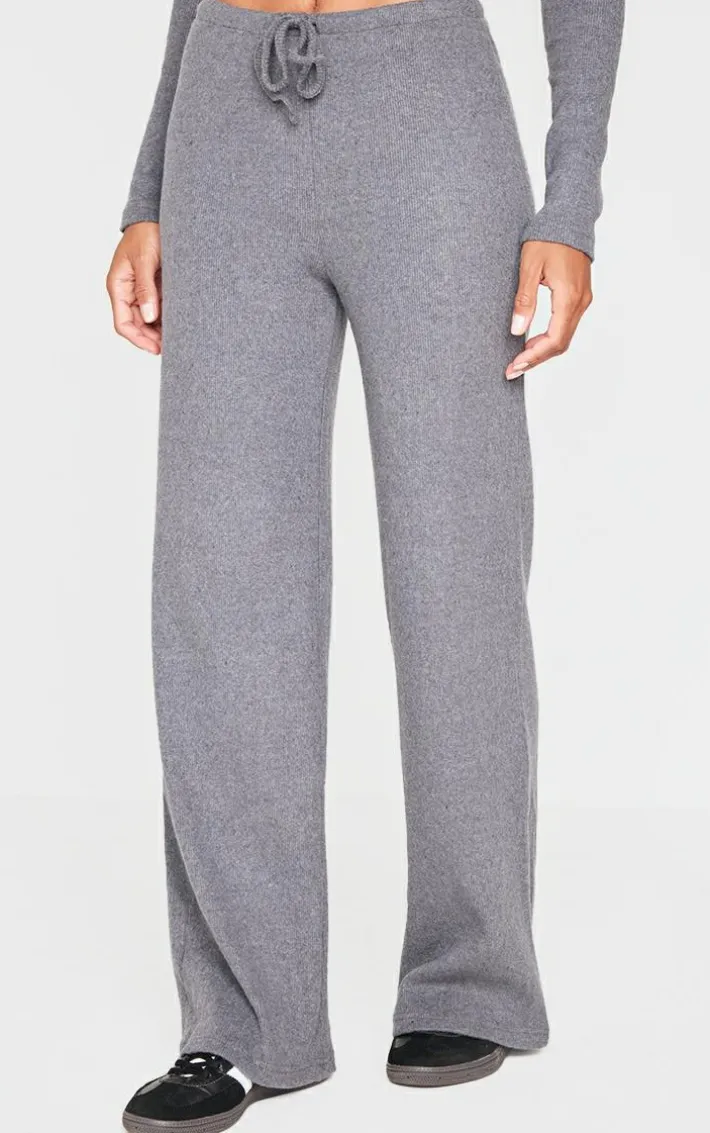 Charcoal Wide Leg Brushed Rib Drawstring Pants
