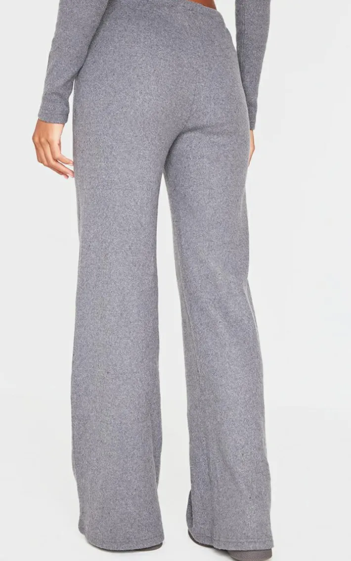 Charcoal Wide Leg Brushed Rib Drawstring Pants