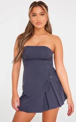 Charcoal Woven Bandeau Seam Detail Asymmetric Hem Top