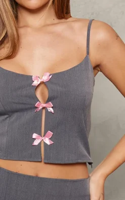 Charcoal Woven Bow Detail Scooped Neck Crop Top