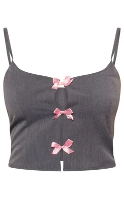 Charcoal Woven Bow Detail Scooped Neck Crop Top