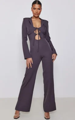 Charcoal Woven Bust Tie Detail Split Hem Blazer Style Jumpsuit