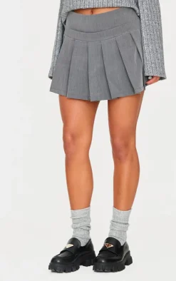 Charcoal Woven Dropped Waist Pleated Detail Mini Skirt