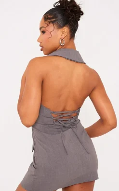 Charcoal Woven Halter Neck Pocket Detail Mini Dress