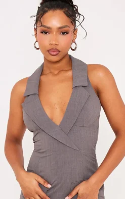 Charcoal Woven Halter Neck Pocket Detail Mini Dress