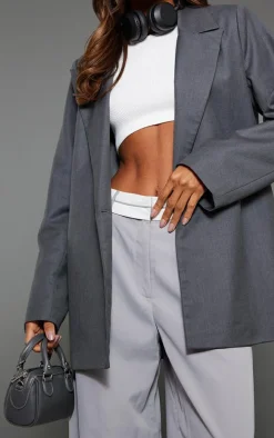 Charcoal Woven Oversized Drapey Button Detail Blazer