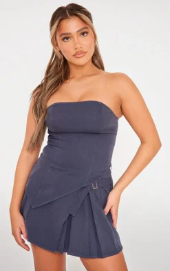 Charcoal Woven Pleated Buckle Front Micro Mini Skirt