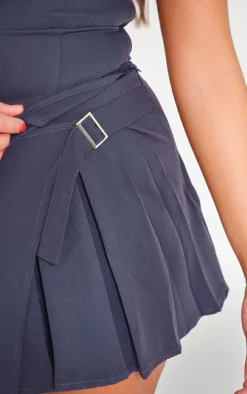 Charcoal Woven Pleated Buckle Front Micro Mini Skirt