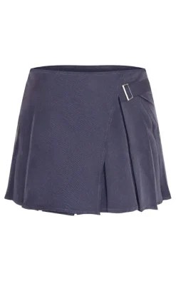Charcoal Woven Pleated Buckle Front Micro Mini Skirt