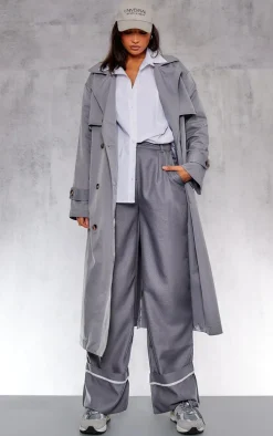 Charcoal Woven Tailored Pleat Front Turn Up Hem Wide Leg Pants
