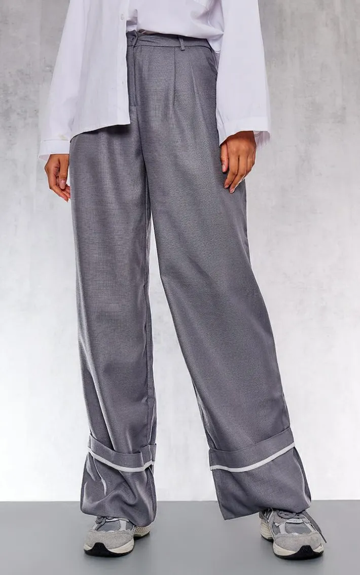 Charcoal Woven Tailored Pleat Front Turn Up Hem Wide Leg Pants