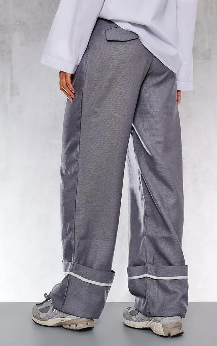 Charcoal Woven Tailored Pleat Front Turn Up Hem Wide Leg Pants