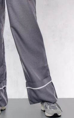 Charcoal Woven Tailored Pleat Front Turn Up Hem Wide Leg Pants