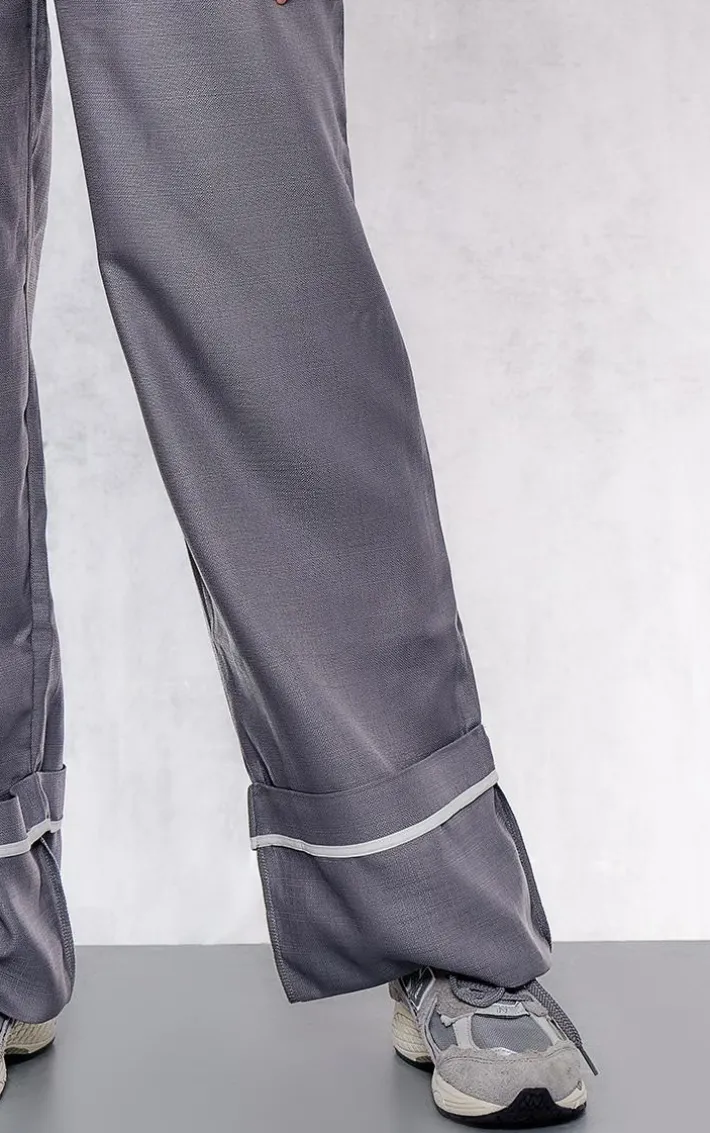 Charcoal Woven Tailored Pleat Front Turn Up Hem Wide Leg Pants