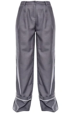 Charcoal Woven Tailored Pleat Front Turn Up Hem Wide Leg Pants