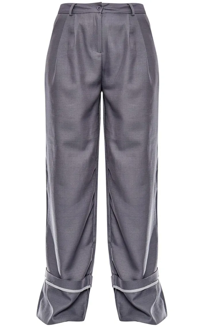 Charcoal Woven Tailored Pleat Front Turn Up Hem Wide Leg Pants